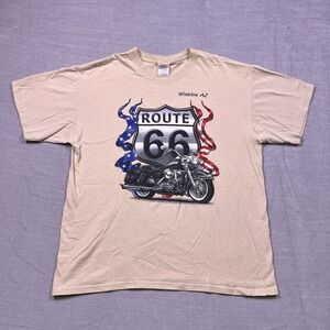 Gildan Route 66 Motorcycle T Shirt Mens Large Tan Heavy Cotton Graphic Tee